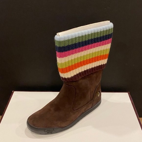 Coach Tatum Chestnut Brown Knit Stripe Bootie Ankle Short Boots Shoes Flats NEW - Picture 1 of 4